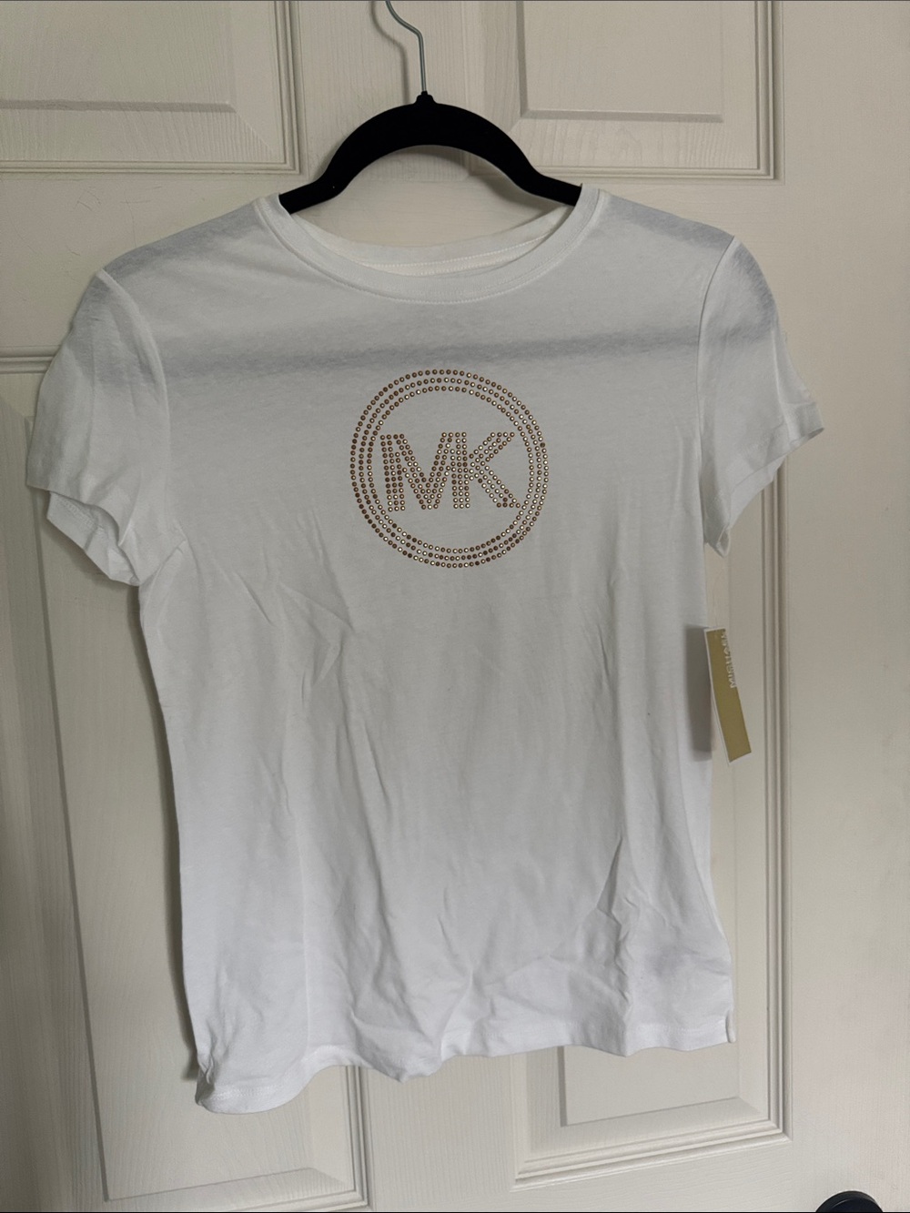 Michael Kors White Tee with Gold Crystal MK Logo